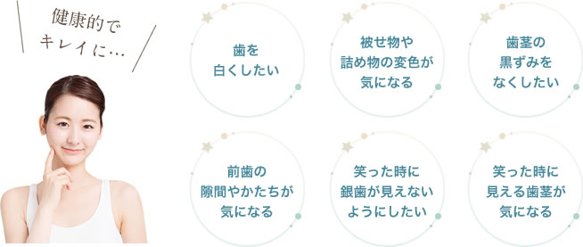 「歯を白くしたい」「被せ物や詰め物の変色が気になる」「歯茎の黒ずみをなくしたい」「前歯の隙間やかたちが気になる」「笑った時に銀歯が見えないようにしたい」「笑った時に見える歯茎が気になる」