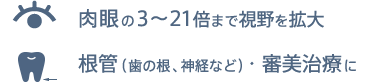 肉眼の3〜21倍まで視野を拡大、根管（歯の根、神経など）・審美治療に